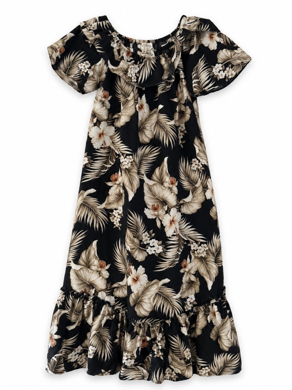 Royal Hawaiian Creations Muumuu Maxi Dress Cotton Black Floral Ruffle M